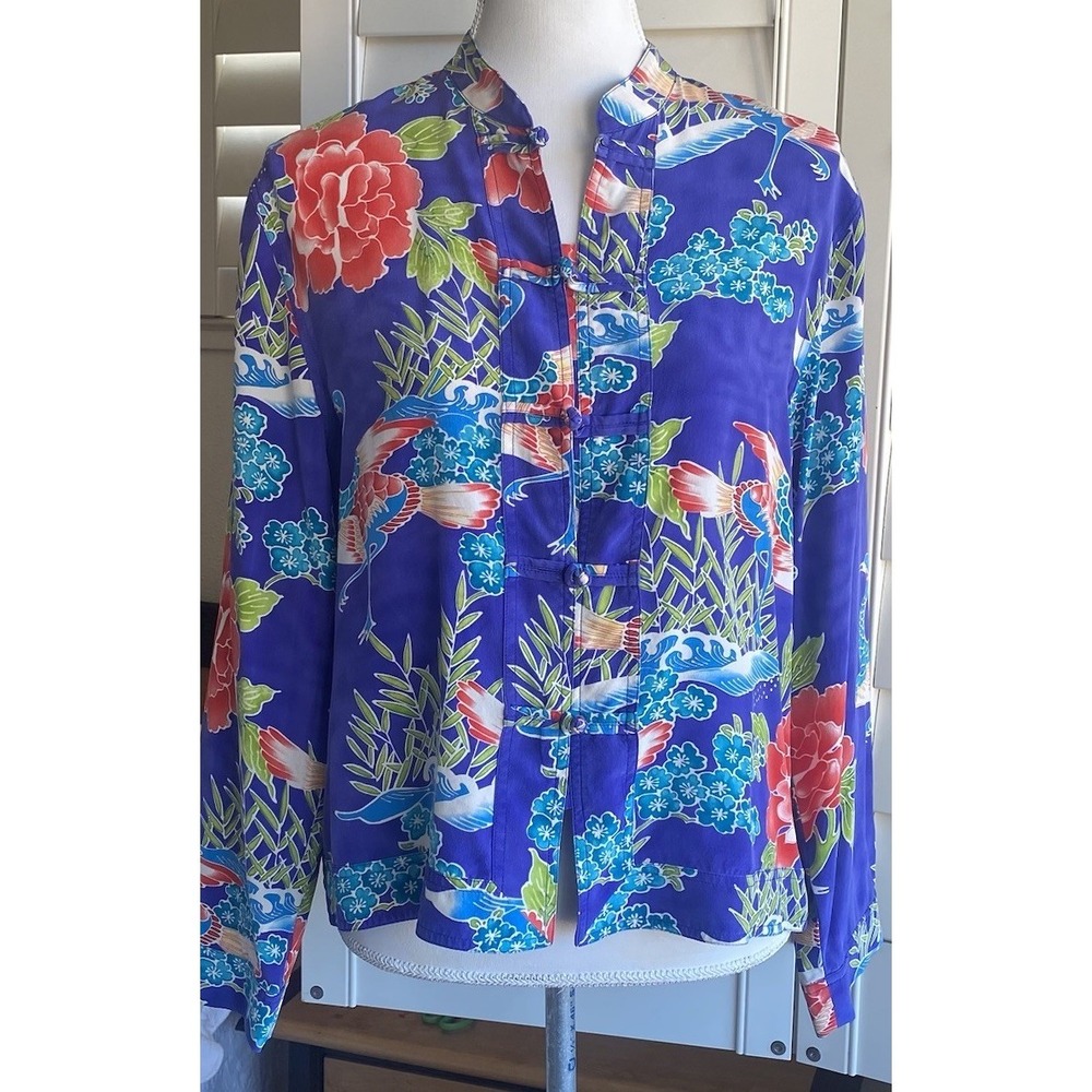 Chico's M 100% Silk Crane Jacket Chinoiserie Mandarin Frog Closure Asian Blouse